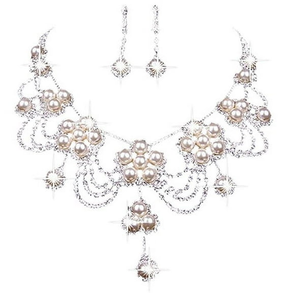 NUZYZ Women'sRhinestone Faux Pearl Necklace Earring Wedding Bridal Jewelry Set