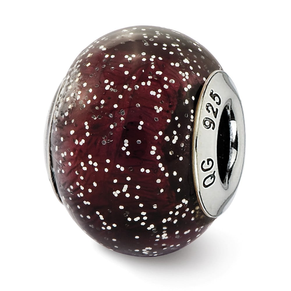 10mm x 12.7mm Jewel Tie 925 Sterling Silver Reflections Italian Dark Purple with Silver Glitter Glass Bead