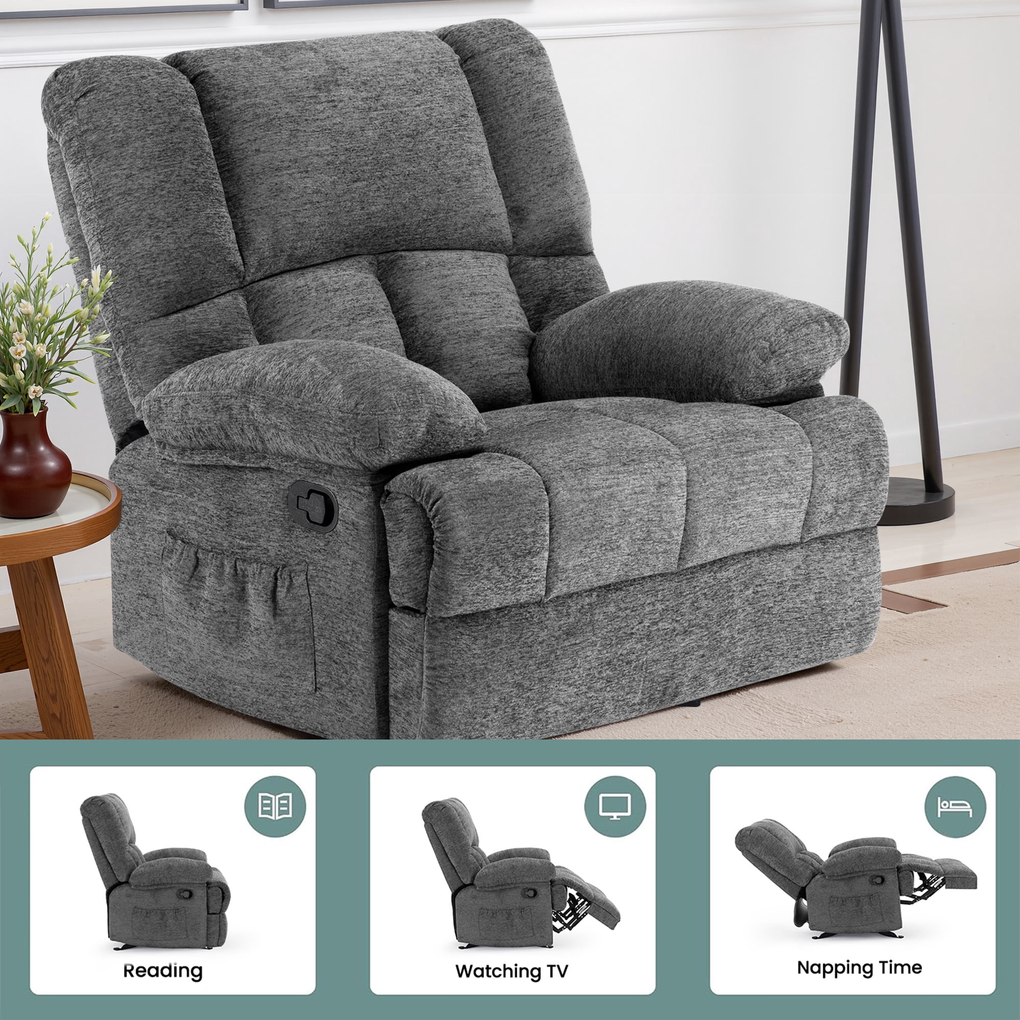 MAYEERTY Limestone Oversized Rocking Recliner Sofa for Adults, Chenille, Ergonomic, Perfect for Living Room