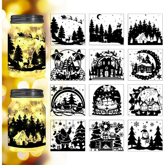 Christmas Scene Decor Silhouette Cutouts for Jars Mason Can Glass Wishing Bottle Decor(No Stickers) 12Pcs Reusable Silhouette for Lantern DIY Craft Kit Jar Decals Art Mural Home Garden for DIY