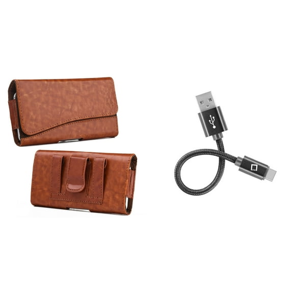 Luxmo Executive PU Leather Holster Card Slot Carrying Case (Brown) for Samsung Galaxy S10e with Mini-Short USB Type-C Charger Cable (4 inches) and Atom Cloth