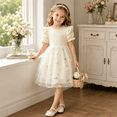 thumbnail image 3 of IPIO Toddler Girls Floral Tulle Party Dress with Puff Sleeves for Birthday Wedding Summer, size 6 beige, 3 of 7