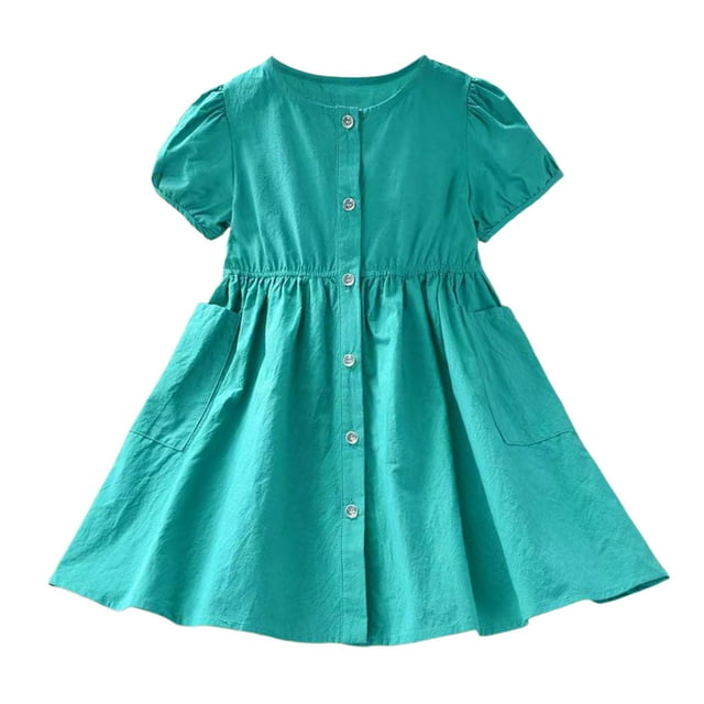 IULZEBTY Robes Filles Enfants Été Manches Courtes Robe Chemise Couleur Unie Fête d'Anniversaire Princesse Taille 3 Ans-4 Ans