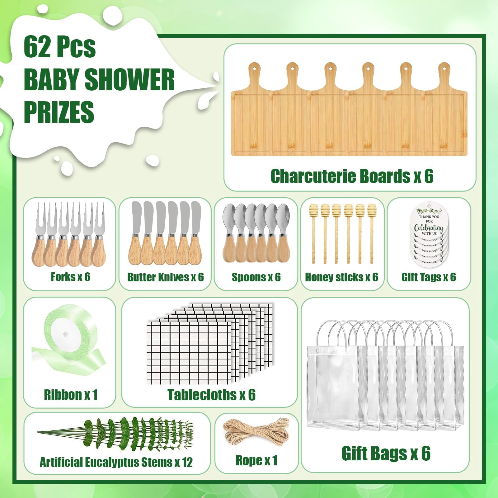 62 Pcs/6 Set Baby Shower Prizes for Game Winners, Bamboo Cheese Board Gift for Guest with Knives Fork Spoon, Honey Sticks, Tablecloth, Eucalyptus Stem, Gift Bag, Bridal Shower Party Favors