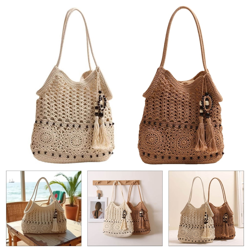 Bohemian Crochet Shoulder Bag for Women Handbag Summer Beach Bag with Tassels
