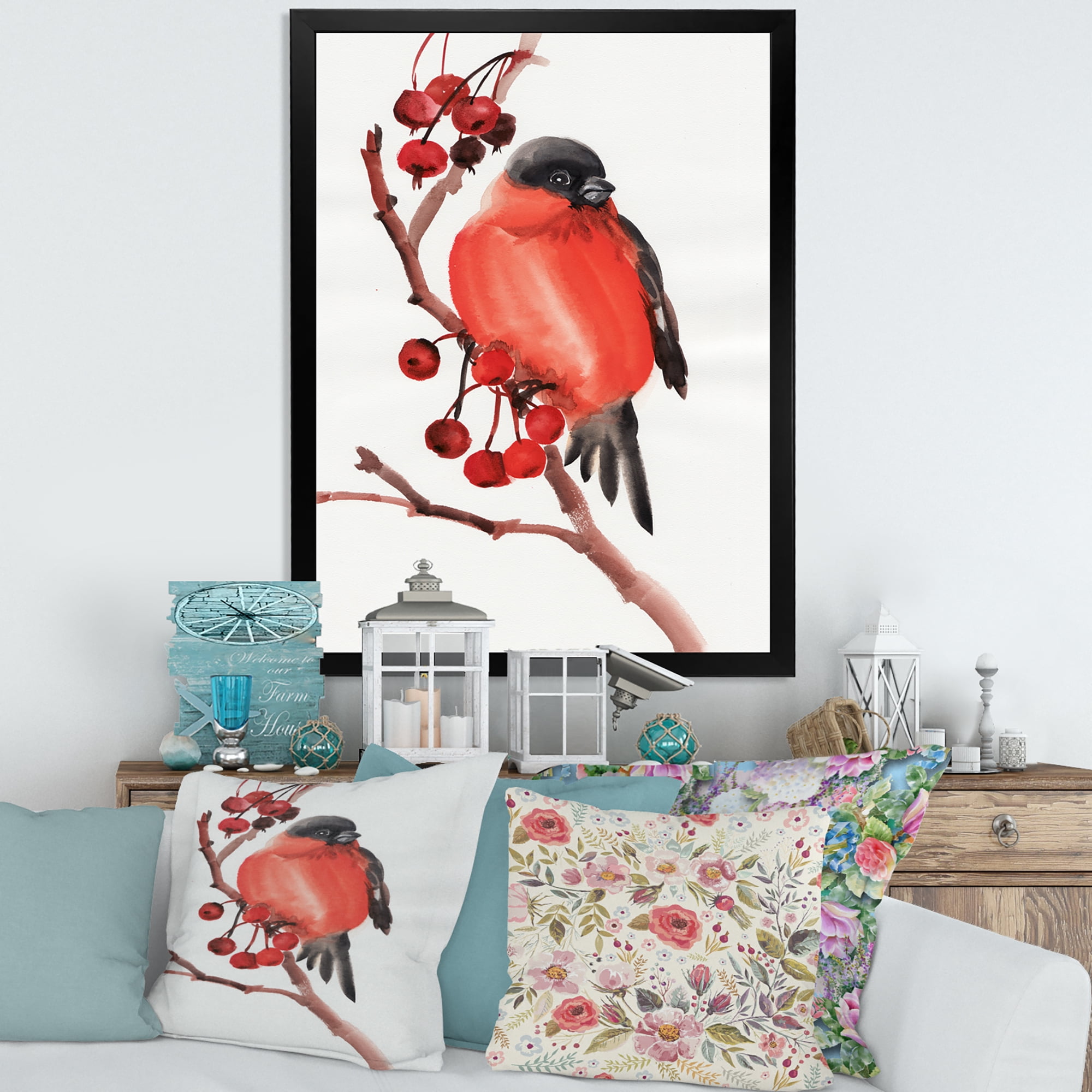 Designart 'Red Bullfinch Bird Sitting On A Branch With Berries' Traditional Framed Art Print