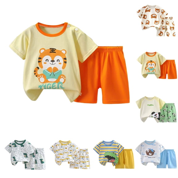 Nwiuh Toddler Baby Boy Summer Outfits 6 12 18 24 Months 2T 3T 4T Dinosaur Letter Print Round Neck Short Sleeve Tops with Solid Shorts Clothes Set(Multicolour, 9-18 Months)