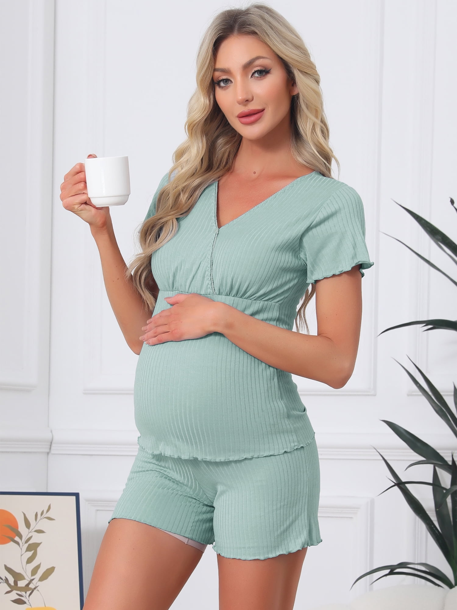 DARING DIVA Women's Nursing Modal Short Sleeves Postpartum Pajama Sets XS Green
