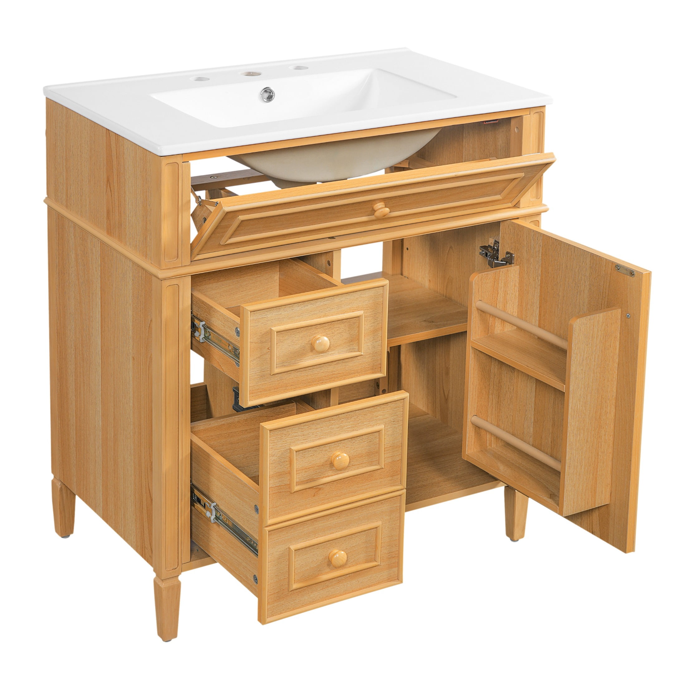 30" Bathroom Vanity with Sink, Solid Wood Vanity Cabinet with Flip-Out Drawer, 2 Drawers and 1 Soft-Close Door, Natural Wood