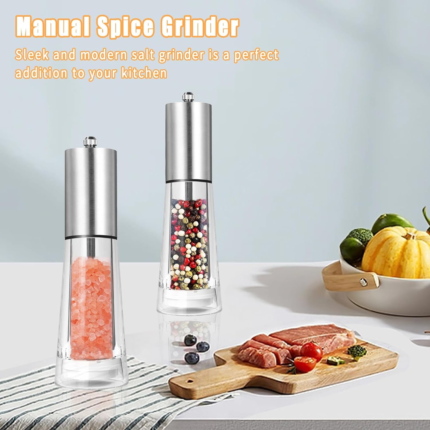 Acrylic Salt and Pepper Grinder Set, Haomacro Refillable Sea Salt Pepper Mill Grinder, 2-Piece Manual Pepper Mills Stainless Steel Spice & Salt Shakers with Adjustable Coarseness