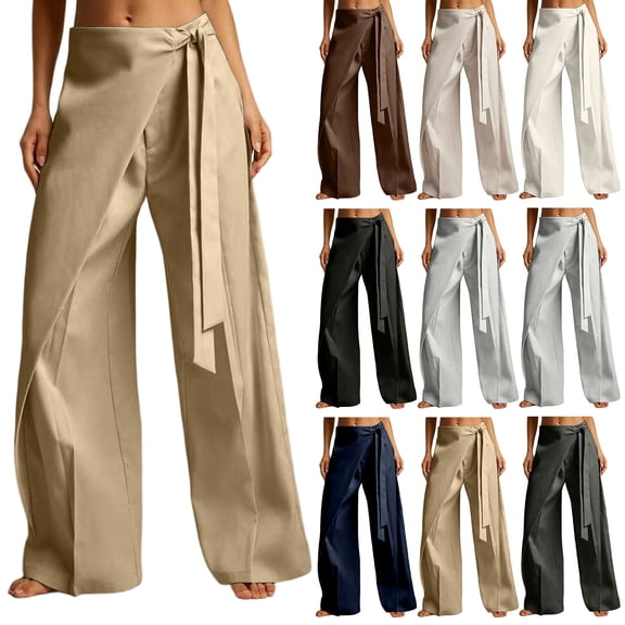 KLHDSF Pants For Women Solid Casual Drapey Pants with Sash Tie Waist Loose Fit Work Trousers Beige L