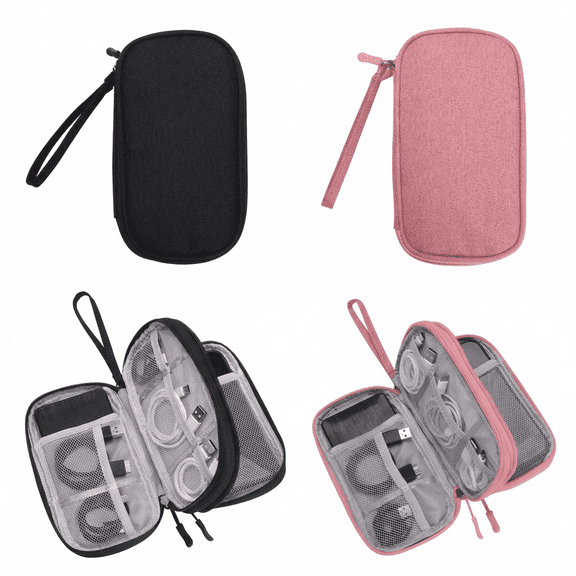 ROSEXIXI 2pcs Black and pink ,Double Layer Travel Cable Organizer, Portable Electronic Accessories Storage Bag with Hand Strap, Multi-Function Digital Pouch for Cable, Phone and Passport