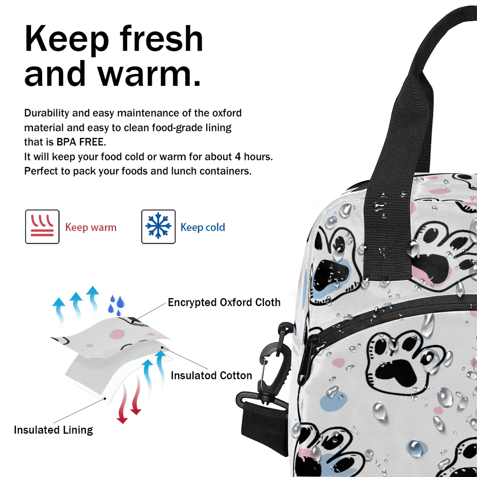 Herdesigns Dog Paw Print Insulated Lunch Bag for Women Men Adult, Reusable Insulated Cooler Lunch Box Lunch Tote Bag for Work Picnic Beach