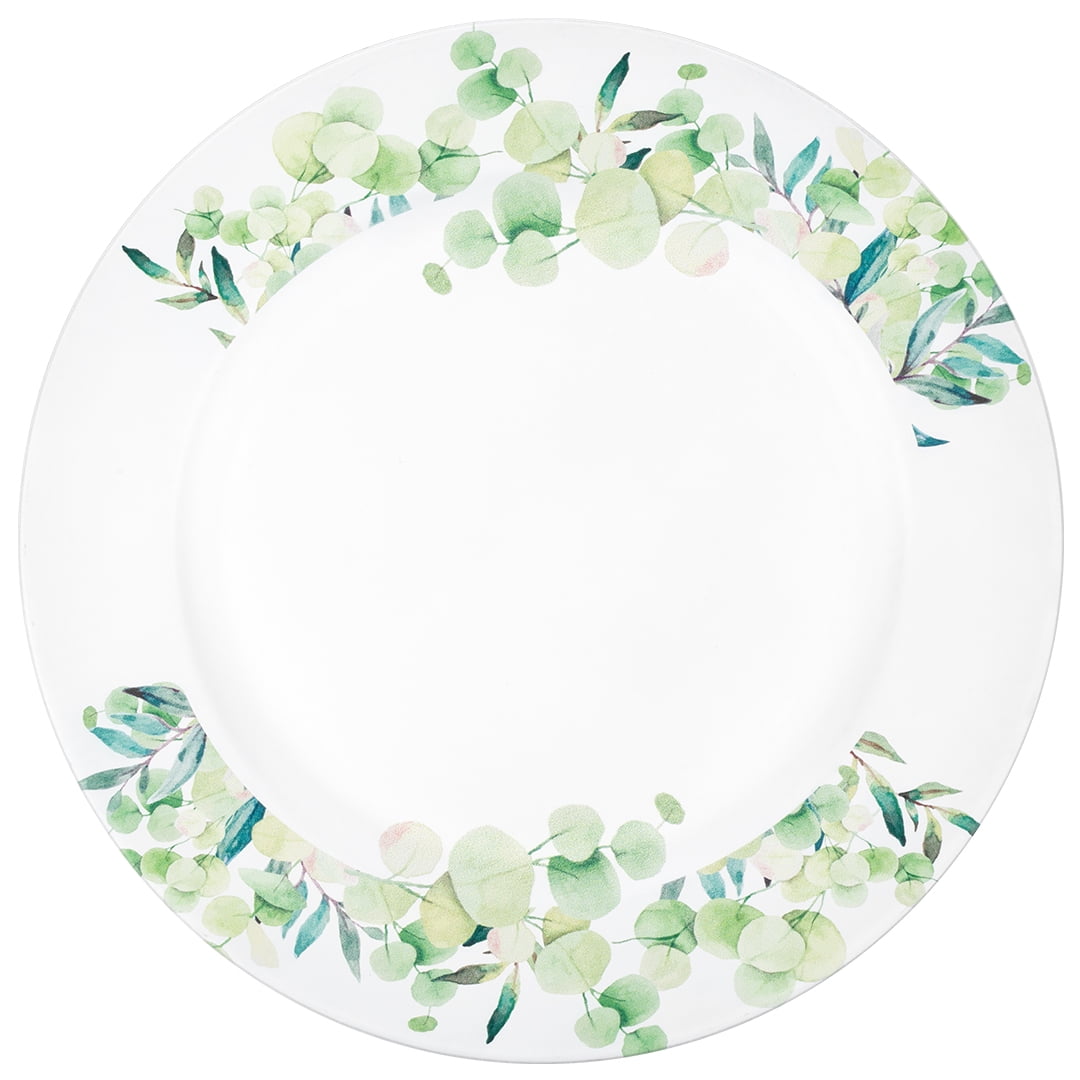 Koyal Wholesale Acrylic Silver Dollar Eucalyptus Charger Plates for