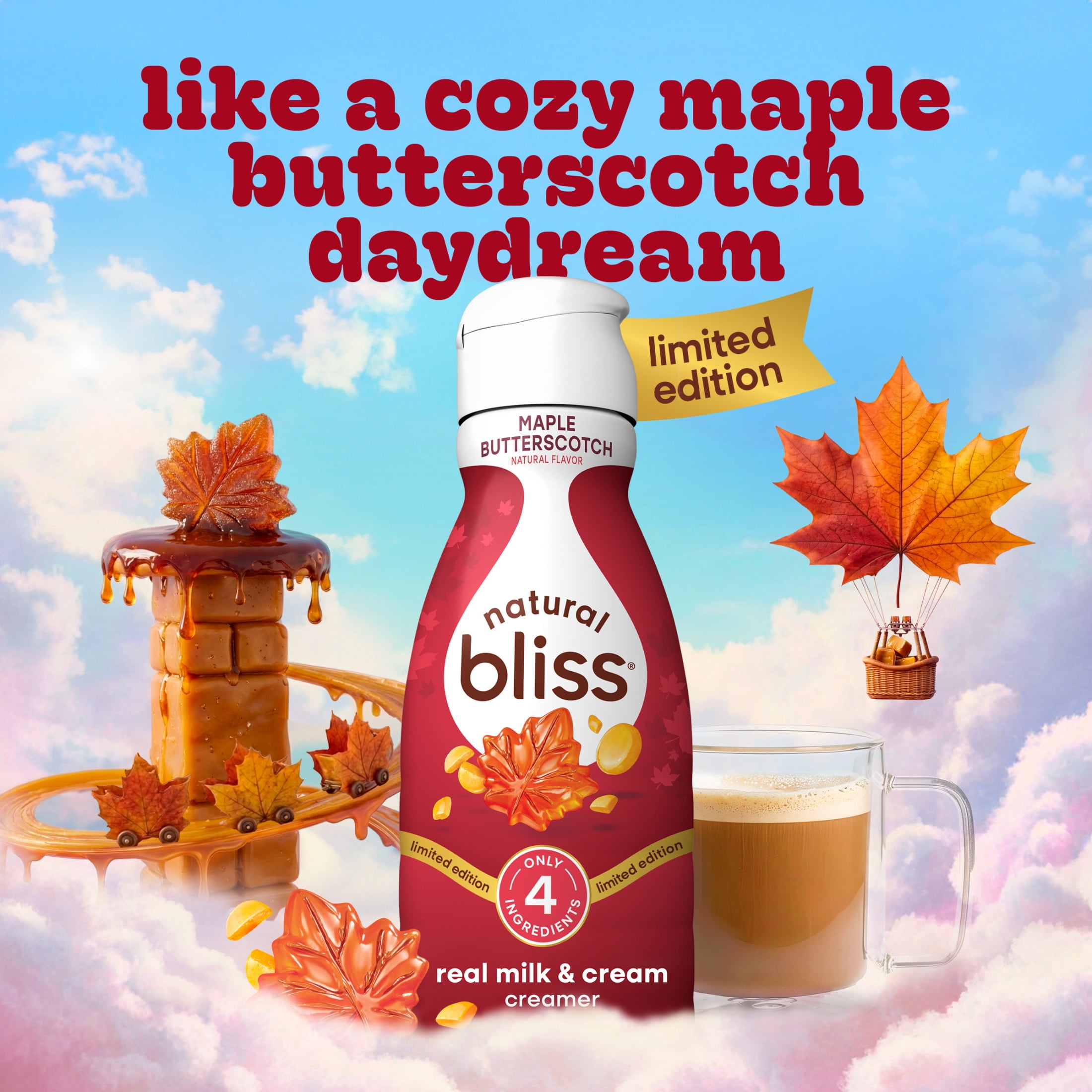 natural bliss Maple Butterscotch Flavored Creamer, Gluten Free Creamer for Hot & Iced Fall Drinks 32 fl oz
