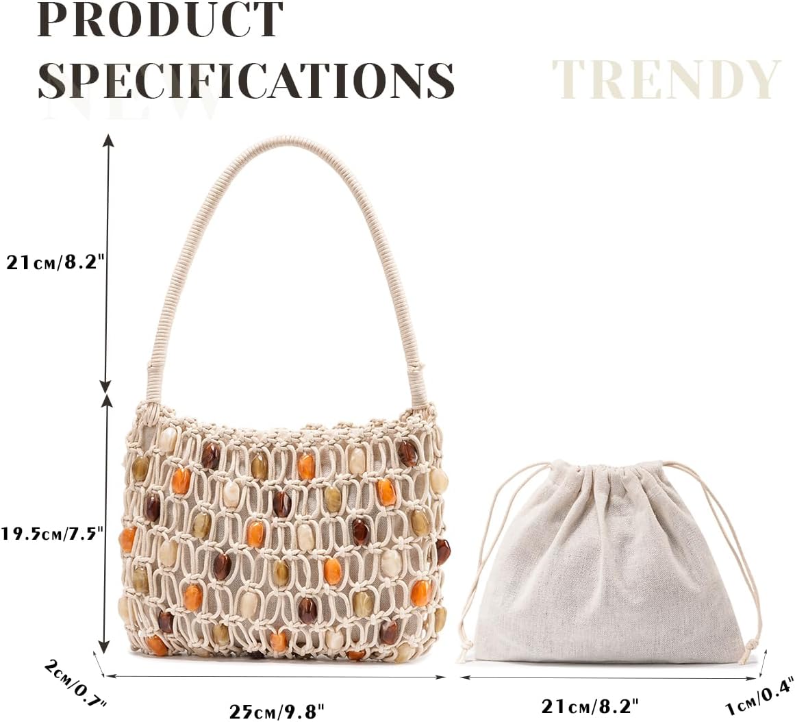 Women’s Crochet Beaded Shoulder Bag Colorful Lightweight Summer Hobo Tote