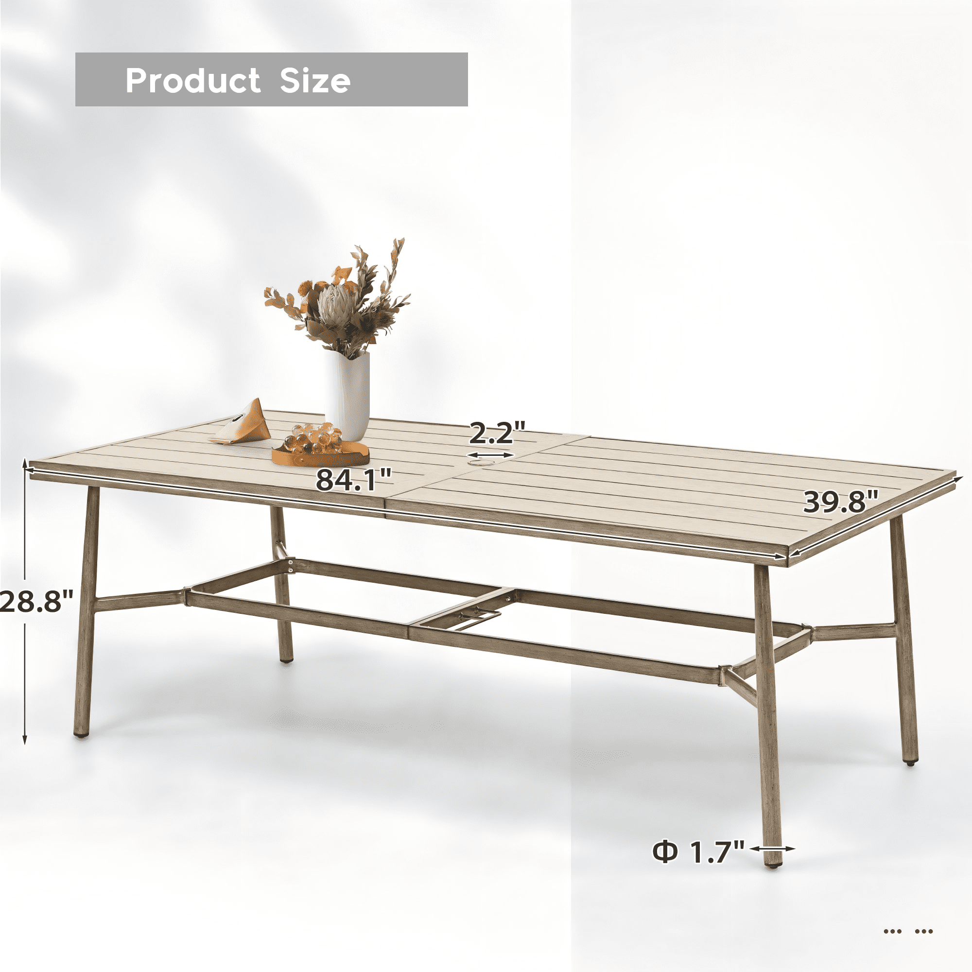 Patio Dining Table for 8, 84 Inch Outdoor Aluminum Table with Umbrella Hole, All Weather Rectangle Patio Table for Backyard Garden Poolside Deck, Brown