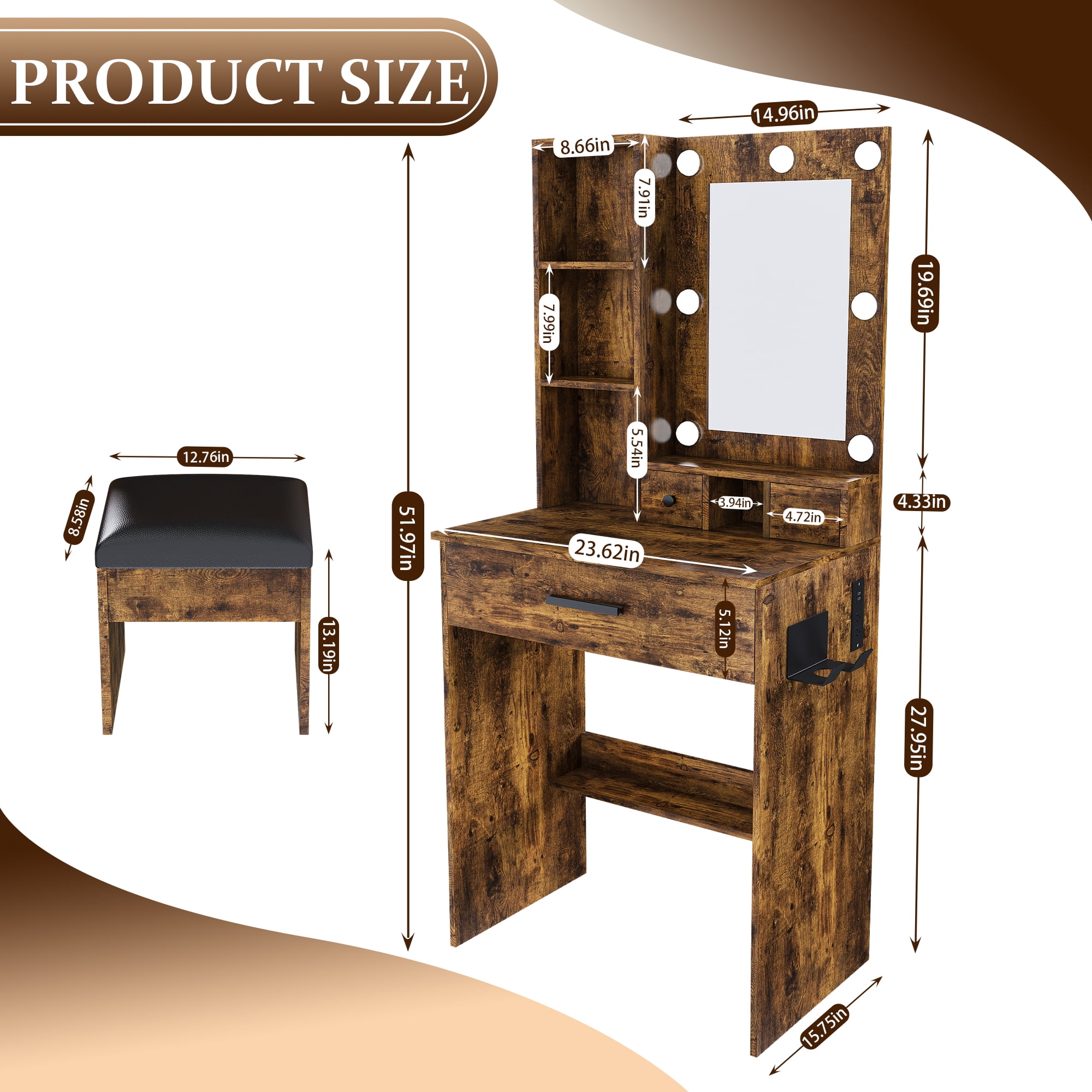 Mintazer 52" Vanity Desk with LED Mirror & Power Outlet, Makeup Vanity Table with Drawers, Open Shelves & Hair Dryer Holder, Stool, Brown