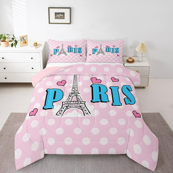 Eiffel Tower Toddler Bedding Set 2 Pcs,Lovely Pink White Dots Print Comforter Set for Kids Girls Teens,Cartoon Hearts Romantic Style Girly Quilted Comforter with 1 Pillowcase