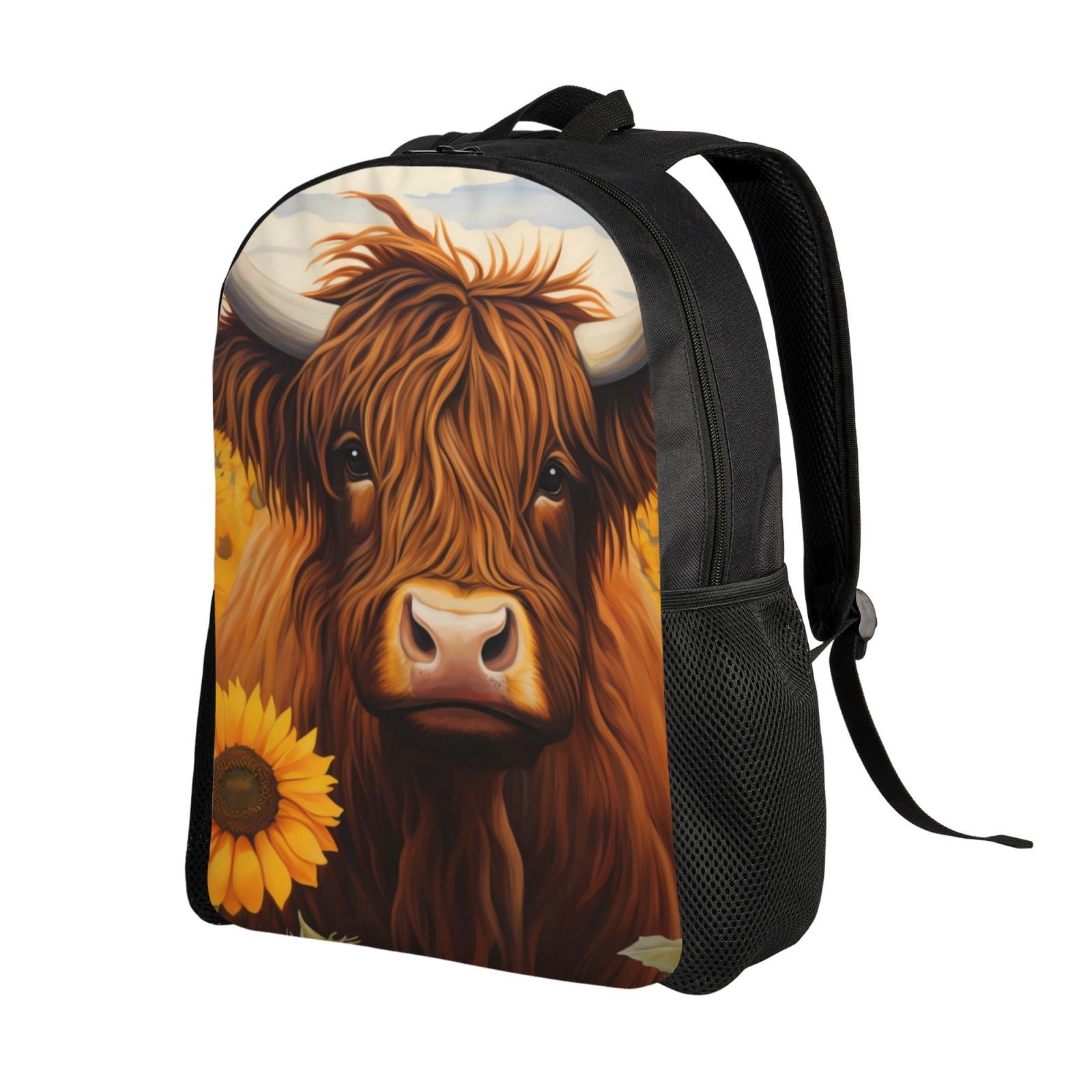 Xecao Countryside Sunflower Cow Print School Backpack with Laptop Compartment Small Travel Laptop Backpack for Women Men Waterproof College Backpack Simple School Bag