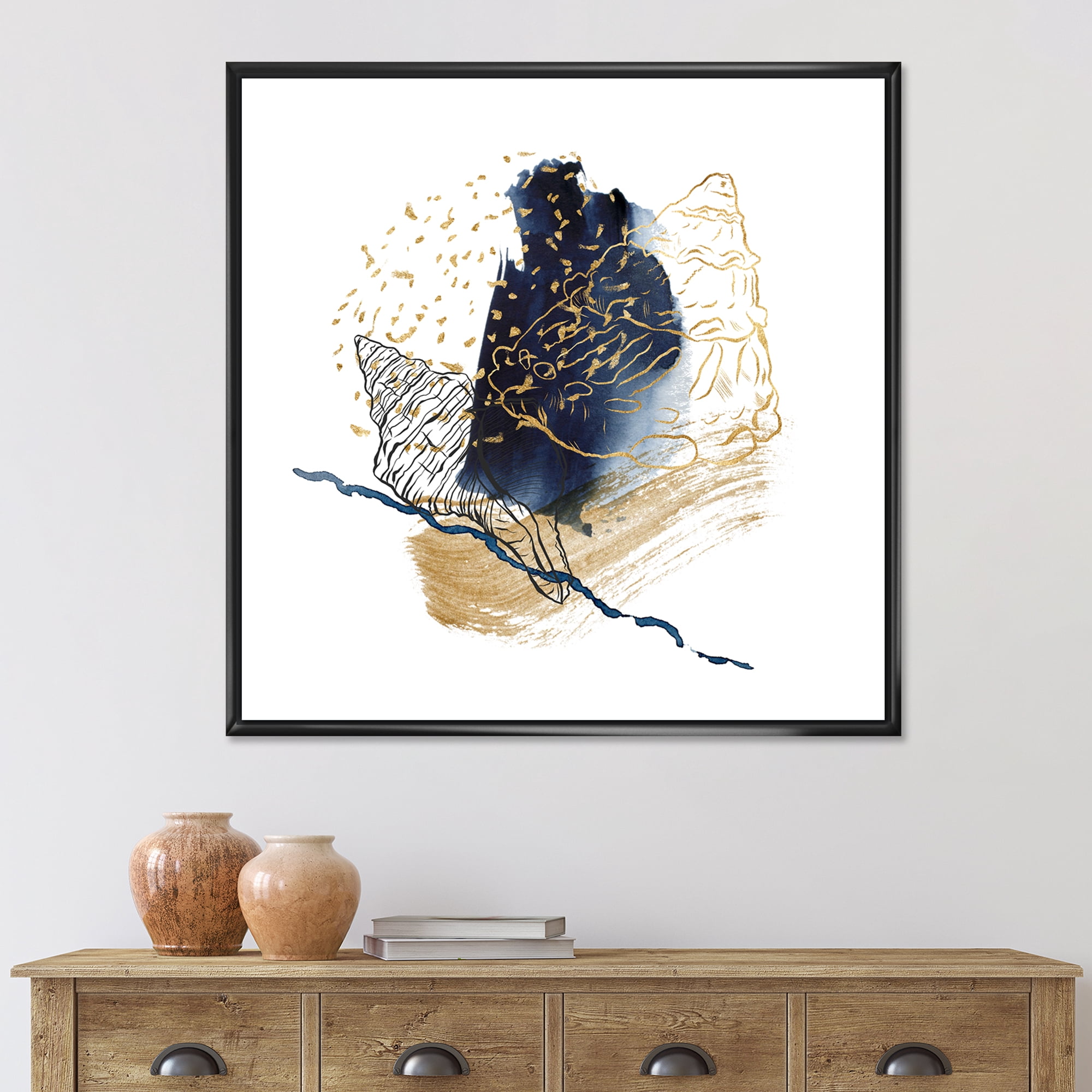 Designart 'Underwater Marine Life With Gold Shell Line Art' Farmhouse Framed Canvas Wall Art Print
