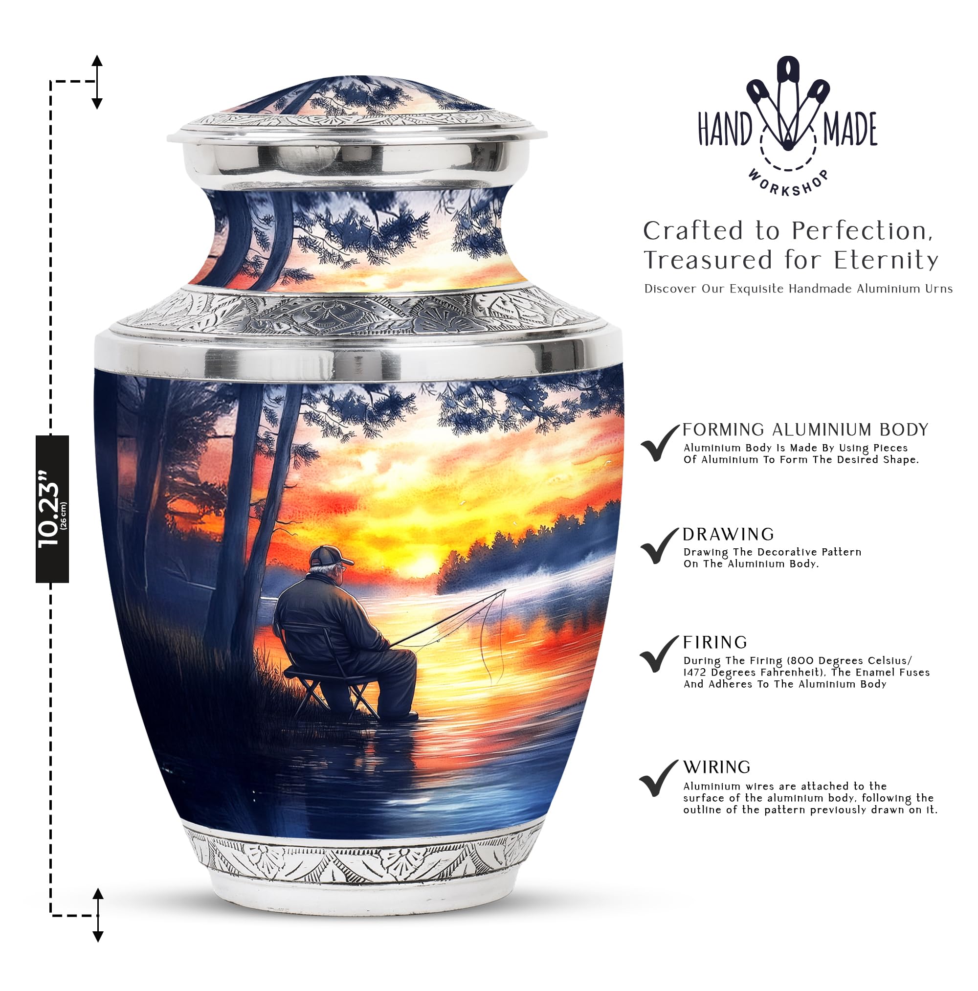 Fishing Adult Cremation Urn for Human Ashes, Keepsake Memorial Gift, Handcrafted Small Urns for Ash Container, Combo, Grey (10 Inch & 3 Inch Mini Set of 3)