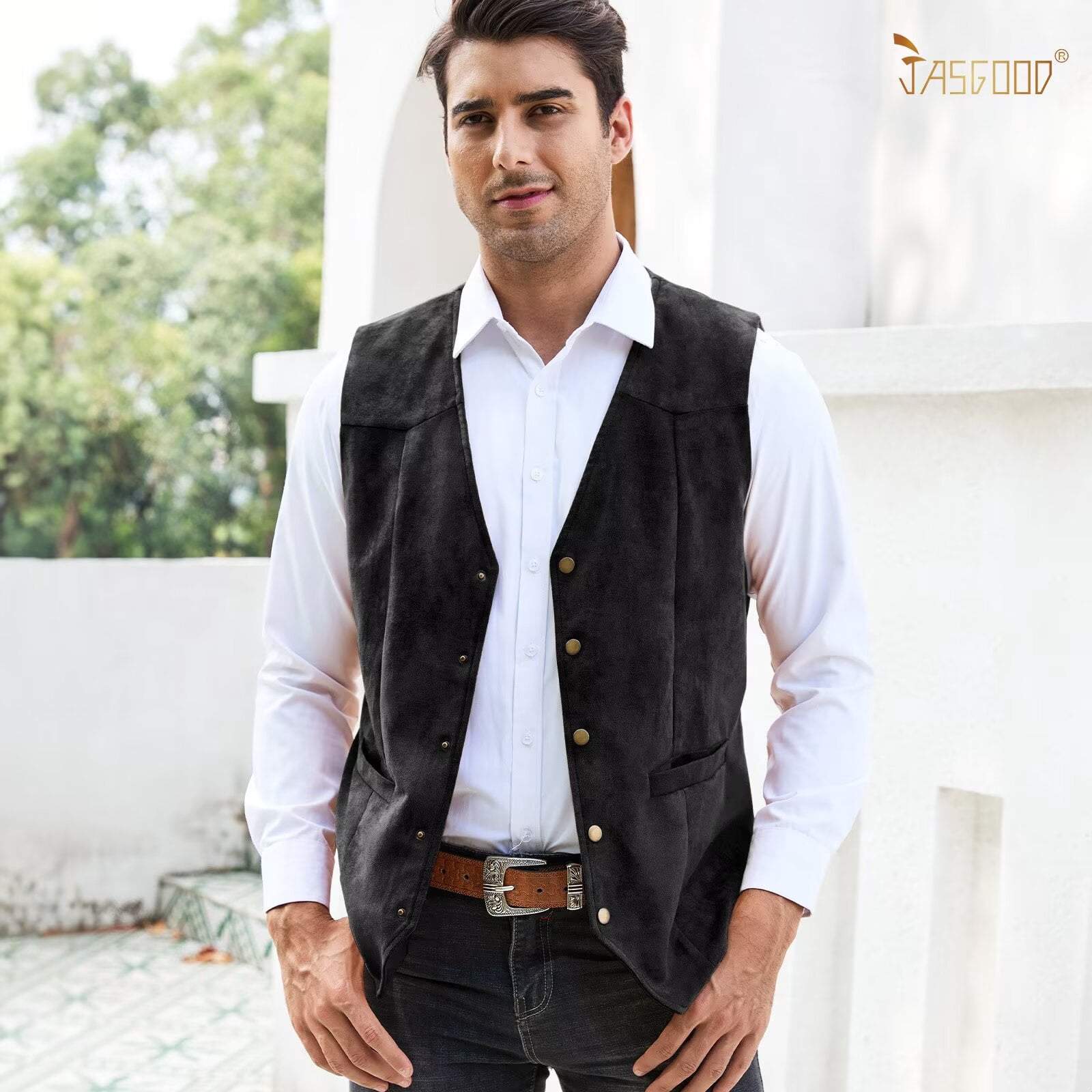 JASGOOD Men's Suit Vest Vintage Suede Leather Western Cowboy