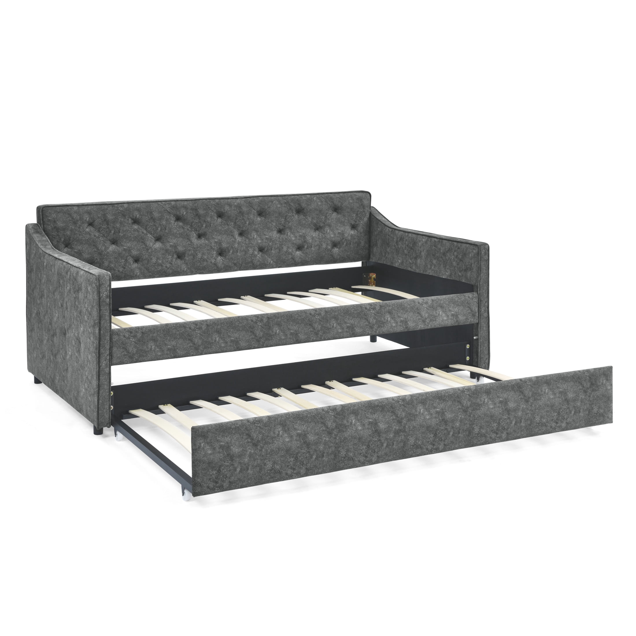 Noble House Veltria Twin Size Daybed, Upholstered Tufted Sofa Bed with Rolling Hidden Trundle, Waved Shape Arms, Gray