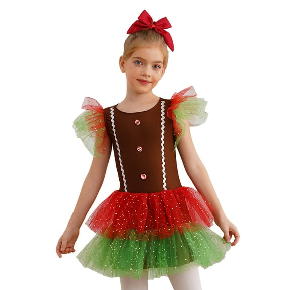 Aislor Girls Christmas Costume Fly Sleeves Ballet Dance Tutu Dress Stage Performance Brown 8