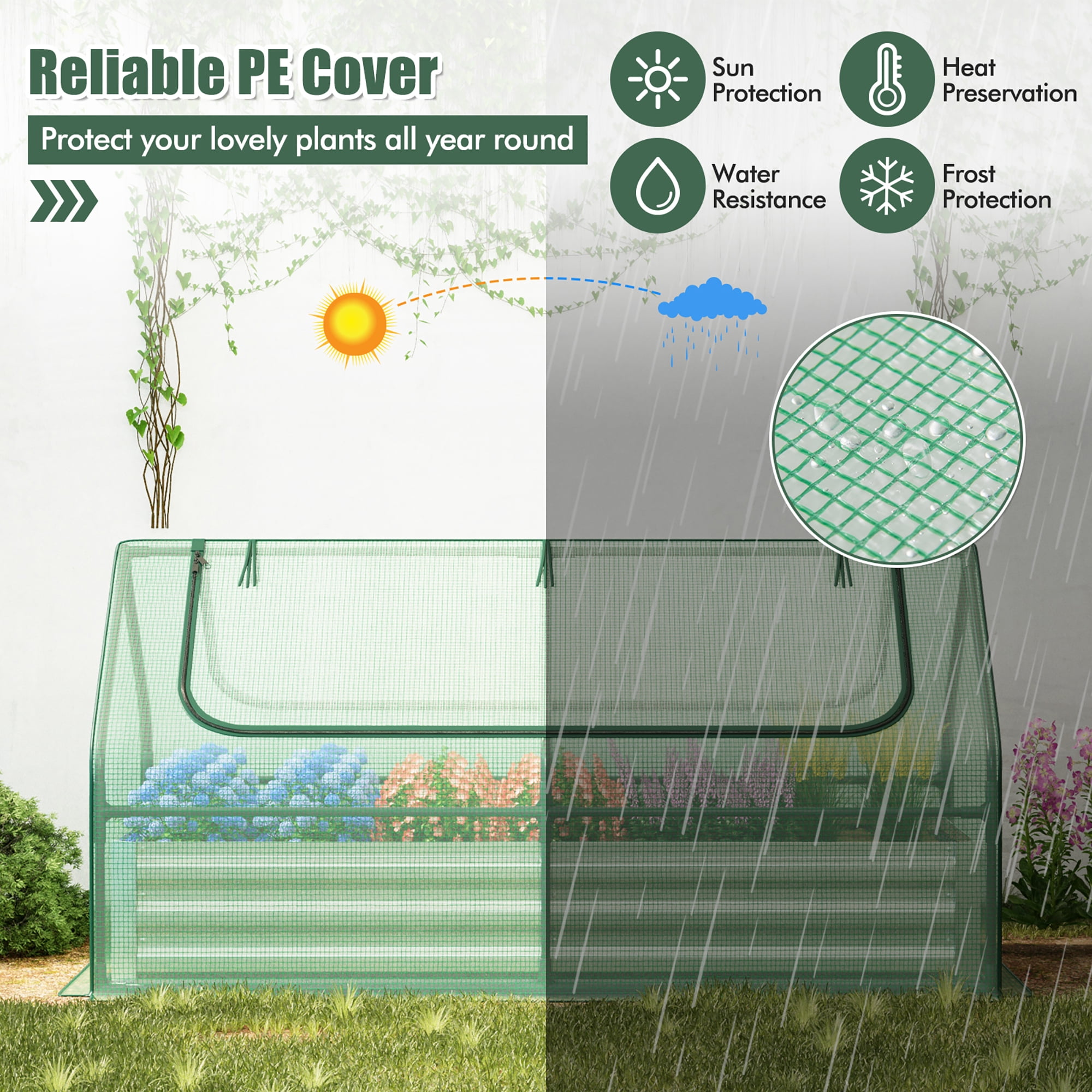 Gymax Galvanized Steel Raised Garden Bed Metal Planter Box Kit w/ Mini Greenhouse Cover