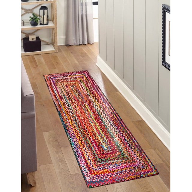 2.6x14 Ft Multi Cotton Area Rug, Hand-Woven, Reversible, Farmhouse Boho Style, Durable & Pet-Friendly Rug for Living Room, Dining Room, and Bedroom