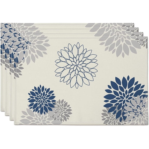Blue Gray Placemat Dahlia Pinnata Flower Beige Burlap Waterproof Rectangular Place Mats Modern Washable Farmhouse Table Top Decor for Kitchen Dining Home Party Indoor Outdoor 12 x 18 Inch
