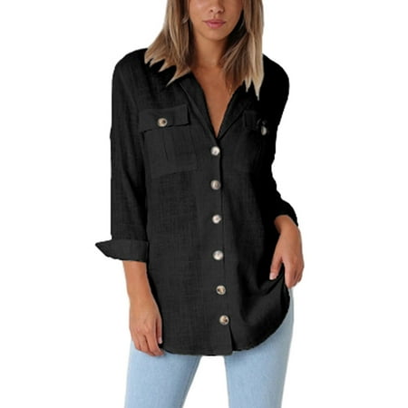 - Womens Casual Loose Roll-up Sleeve Blouse Ladies Pocket Button Down Shirt Tops Lapel V Neck Long Sleeve OL Shirts