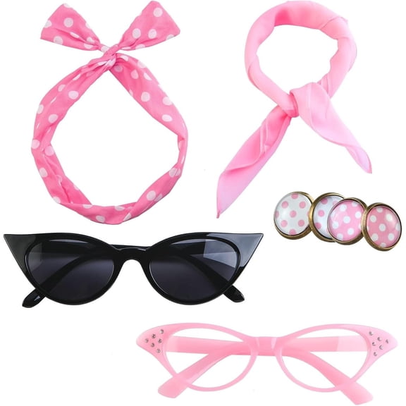 6 Pack 50s Set Chiffon Scarf Eye Glasses Bandana Tie Headband Earrings