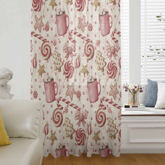 Pink Christmas Candy Semi Sheer Curtains Drapes for Living Room,Bedroom,French Doors Window 72 Inches Long,Winter Xmas Tree Cane Retro Beige Rod Pocket Chiffon Curtain Drapery Voile Draperies Panel
