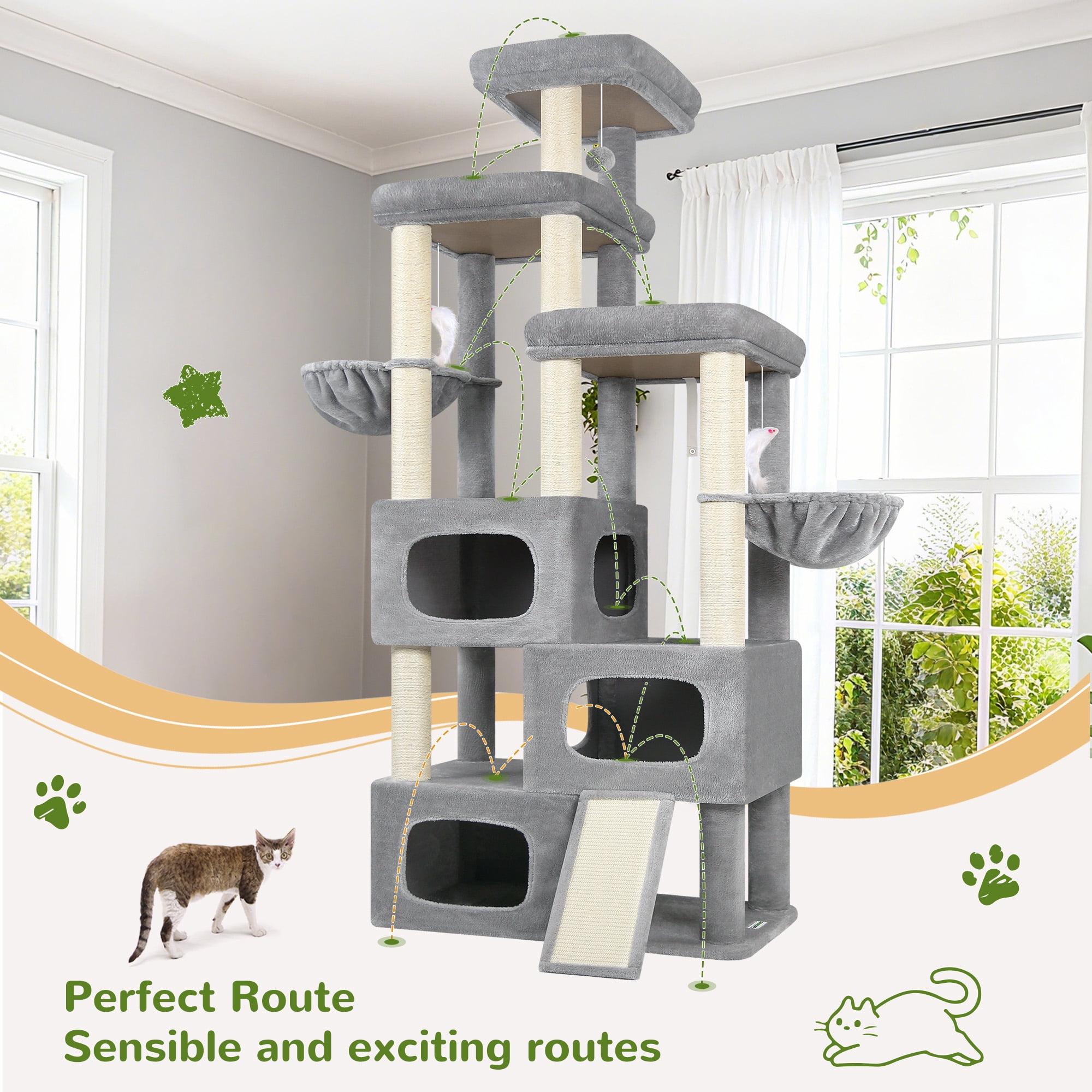 Globlazer Big Cat Tree Tower，85in Multi-Level Tall Cat Tree Tower Indoor for Multiple Adult Cats with Scratching Post, 3 Perches, 3 Condos, 2 Hanging Basket, S85,Light Gray