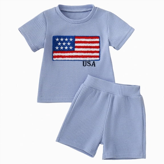 Toddler Infant Baby Boy USA Flag Embroidery Ribbed T-Shirt & Shorts Casual Toddler Outfit (Blue,0-6 Months)