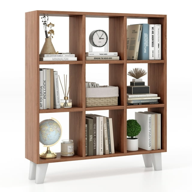 Patiojoy 9-Cube Open Bookcase 3-Tier Floor Standing Bookshelf with 4 Slanted Legs 6 Removable Shelves Brown