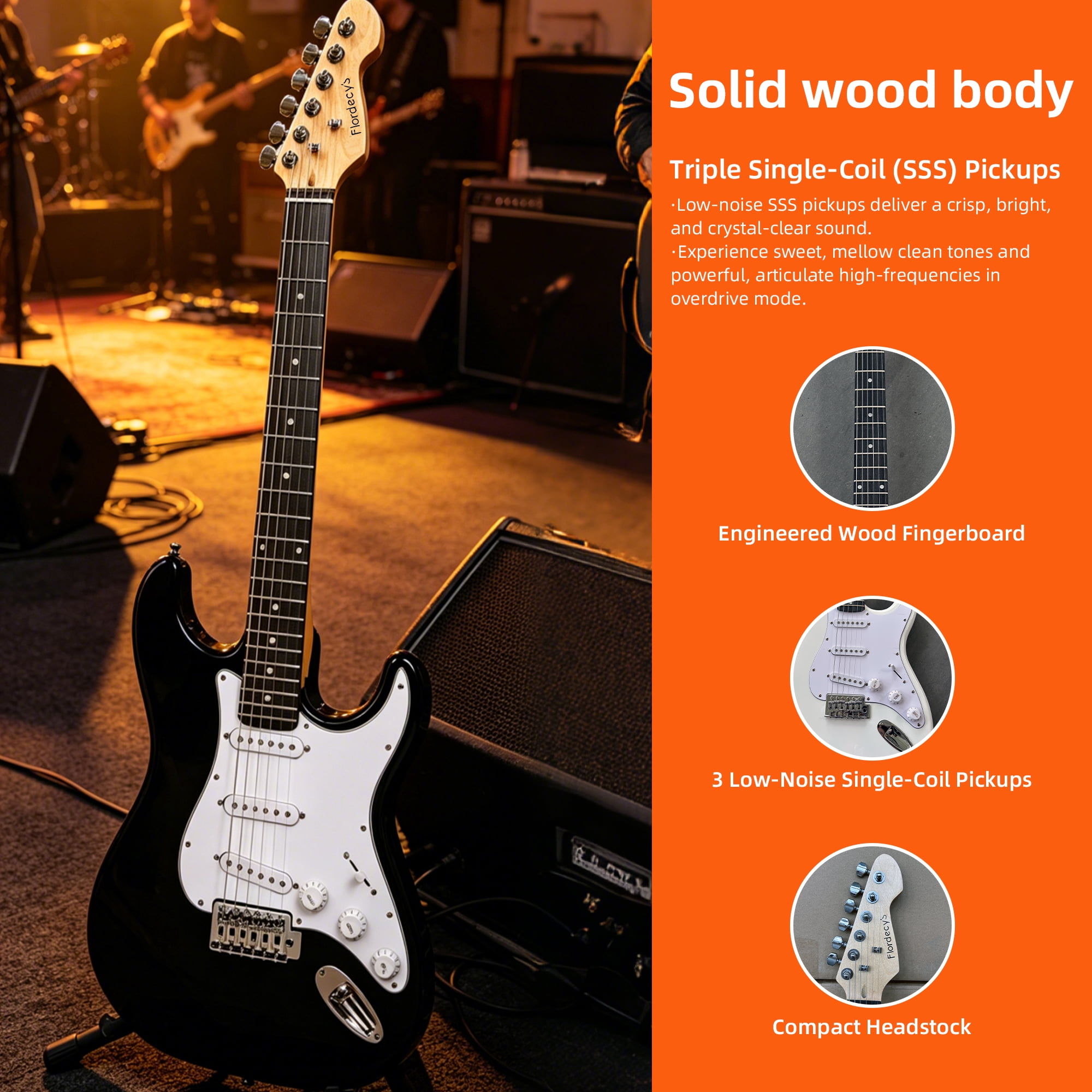 Flordecy's  39 inch Electric Guitar Beginner Kit for Adults, Solid Wood ST Body S-S-S Pickups with Accessories, Black
