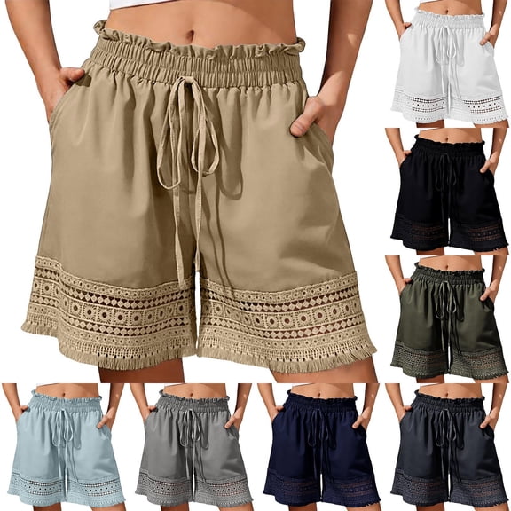 Betivan Women's Stretch High Waisted Shorts With Drawstring Lace Bohemian Wide Leg Casual Shorts