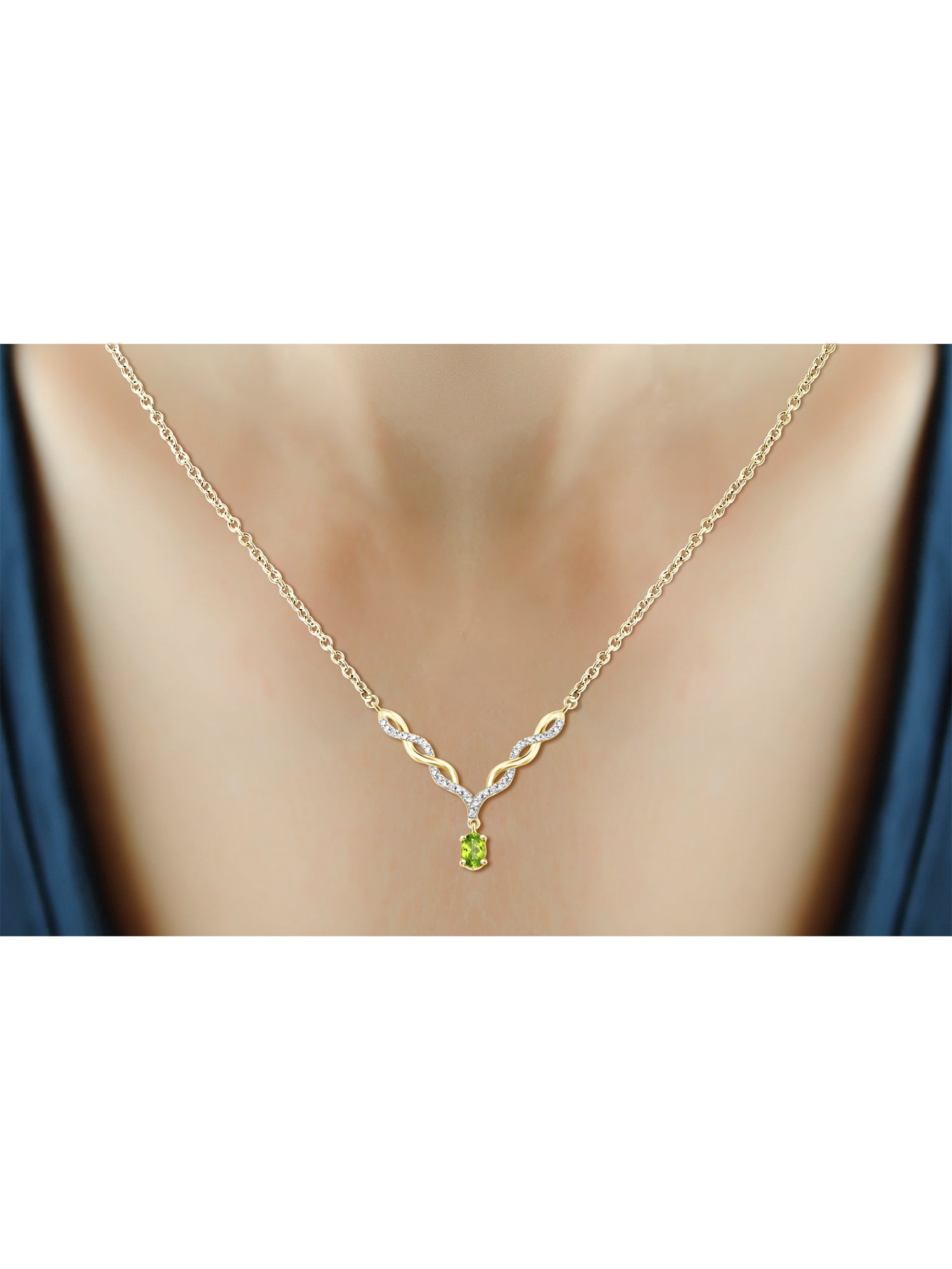 JewelersClub Peridot Gemstone Necklace for Women & Girls | 14k gold-plated Silver | Diamond V-Shaped Pendant on a 18" Rope Chain