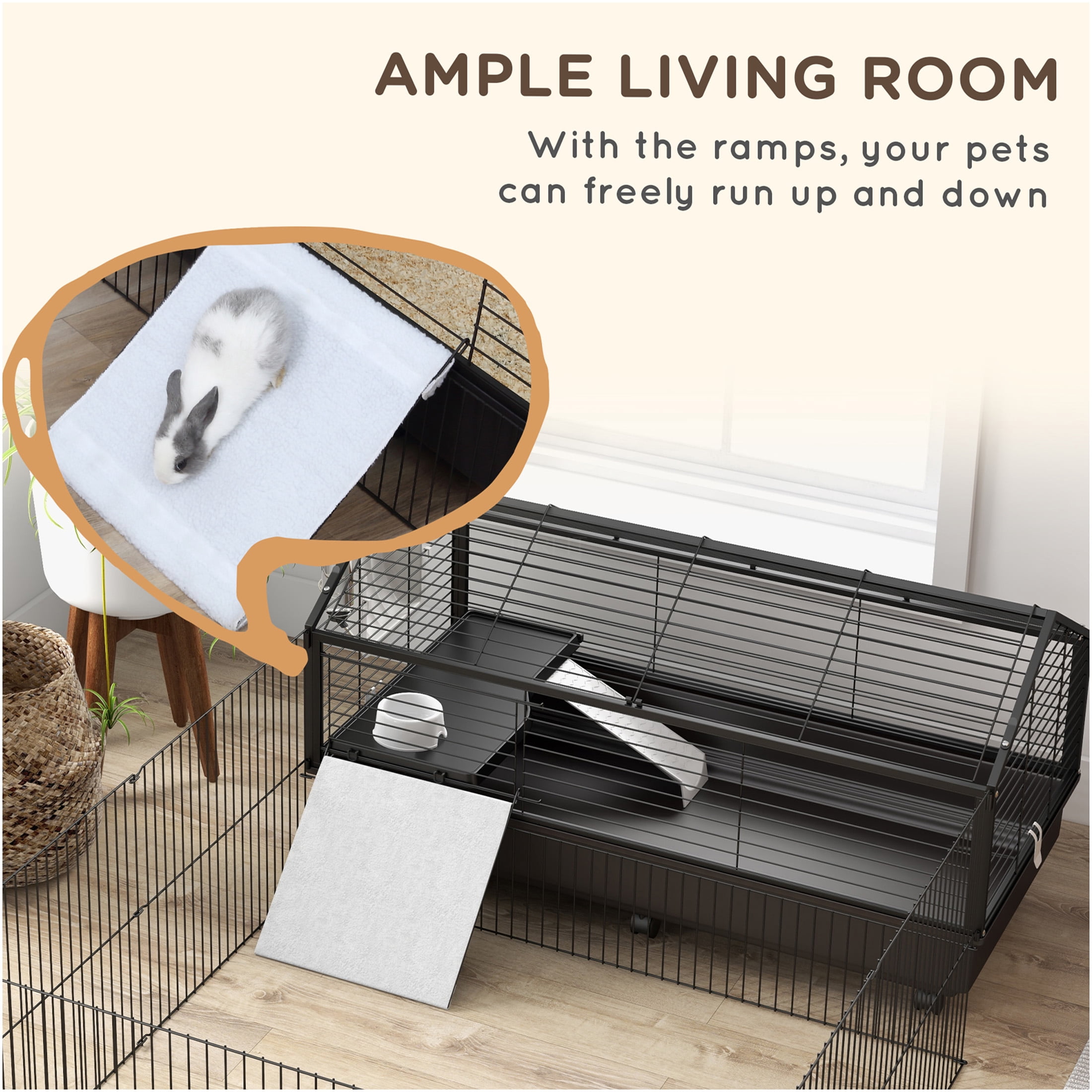JERFIT 46.5" Small Animal Cage with Playpen, Foldable & Rolling Guinea Pig Hutch with Water Bottle, Food Bowl, Ramps for Rabbits, Hedgehogs