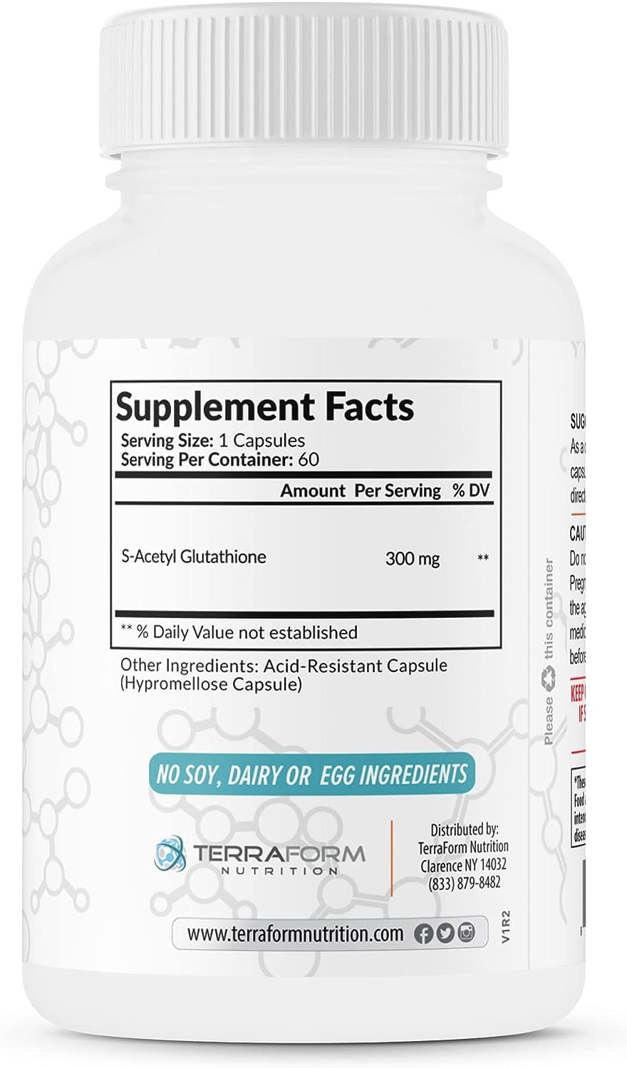 TerraForm Nutrition Extra Strength S-Acetyl Glutathione 300mg – 60 Acid-Resistant Capsules - Premium Glutathione Supplement - Highly Bioavailable & Stable Form of L-Glutathione – Made in USA