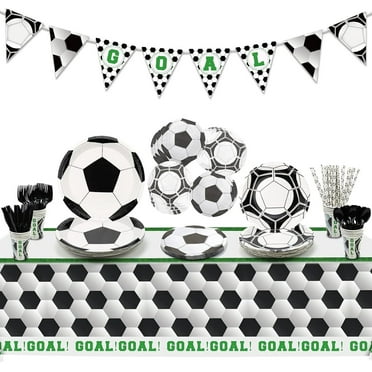 Soccer Party Decorations Sports Theme Party Pack Including Plates, Cups, Napkins, Spoons, Knives, Forks, Tablecloth, Banner, and Balloons Serves 20