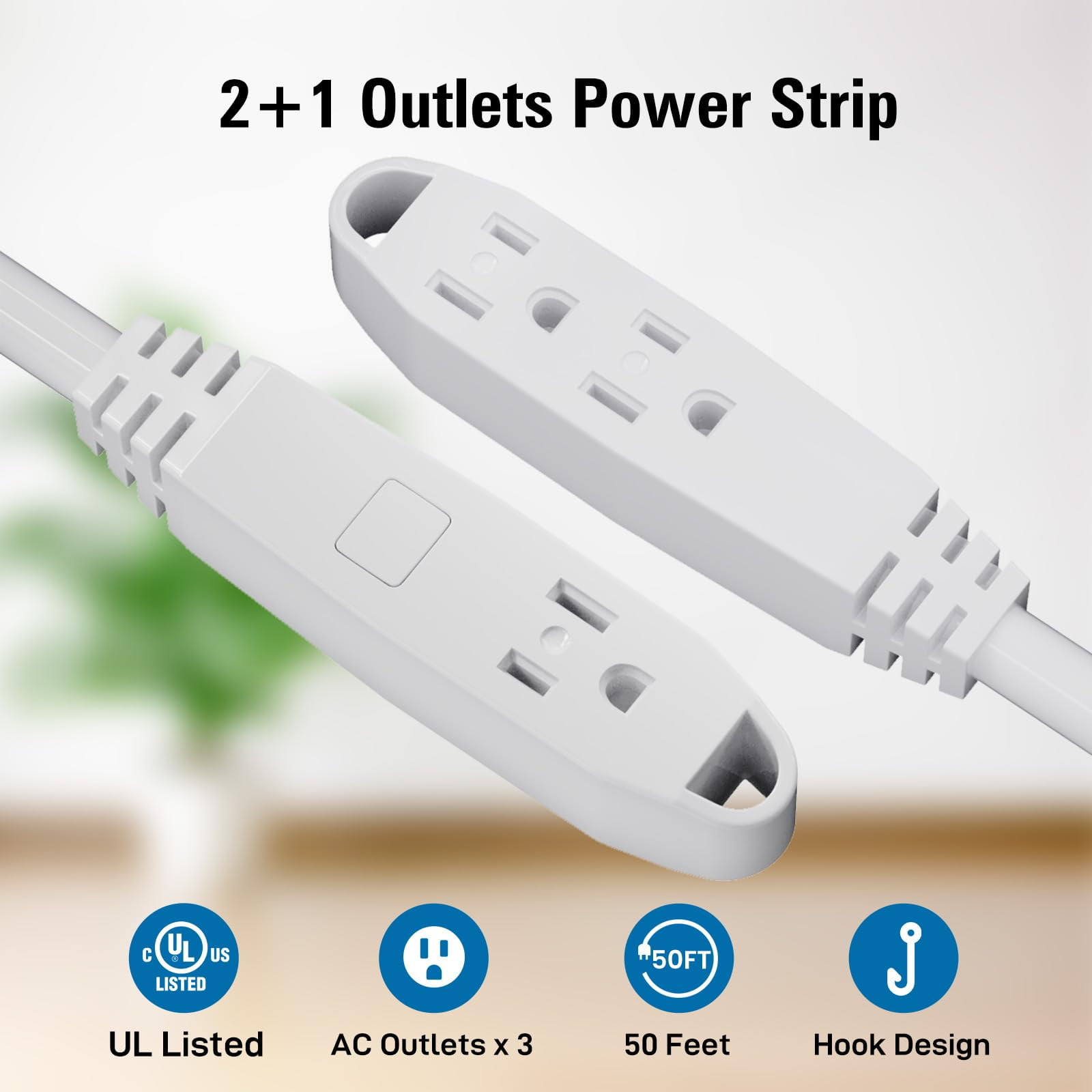 Kasonic Extension Cord, 50 Feet 3 Outlet 3 Wire Grounded White Cord, 13 Amp 125 V 1625 Watts