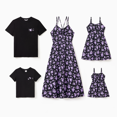 thumbnail image 1 of PatPat Family Matching Sets Black Short Sleeves Tee or Drawstring Front Shirred Back Strap Satin Slip Dress, 1 of 6