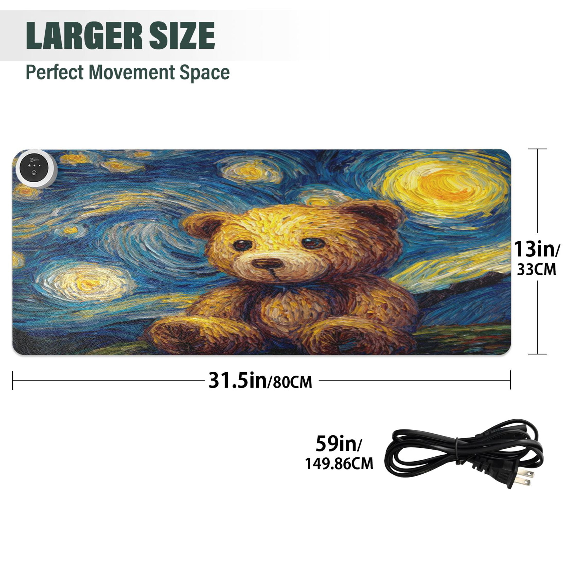 Large Heated Desk Mat Mouse Pad 31.5"x13"PU Leather Graphene Heating Desk Warmer with 3 Temperature Settings 110V US Plug Non-Slip Warm Pad for Home, Office, and Gaming Cute Bear under The Stars