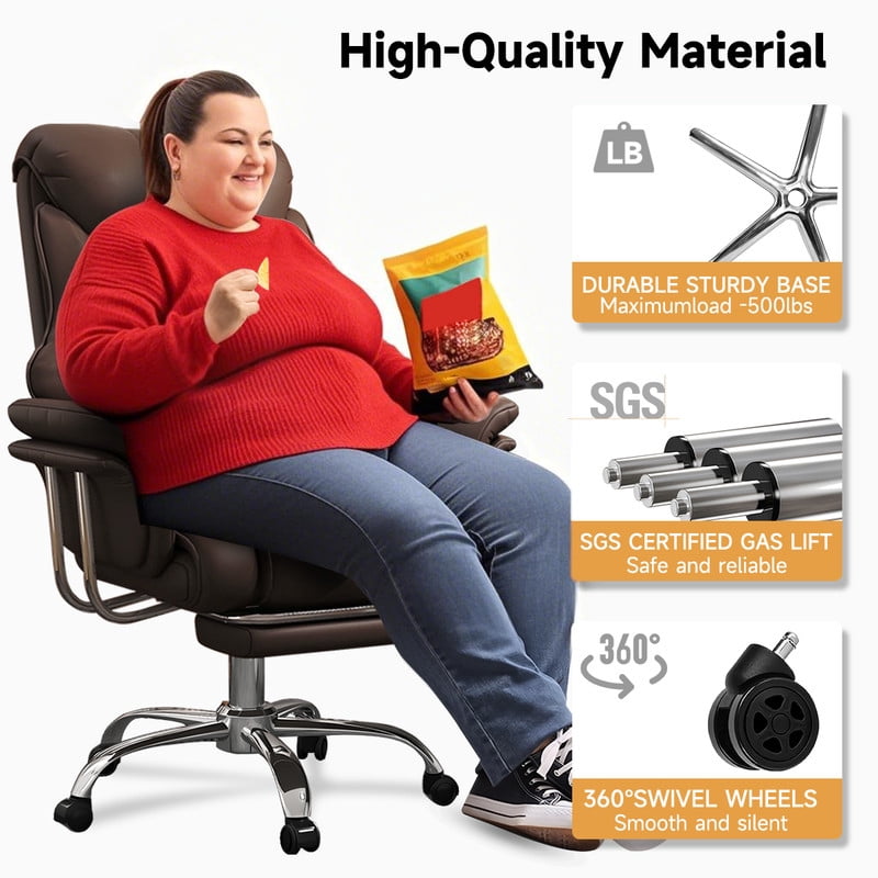 XUEGW Heavy-Duty 550 lbs Big and Tall Office Chair, Wide Seat Leather Ergonomic Executive Desk Chair with Leg Rest, Adjustable Height Computer Gaming Chair, Brown