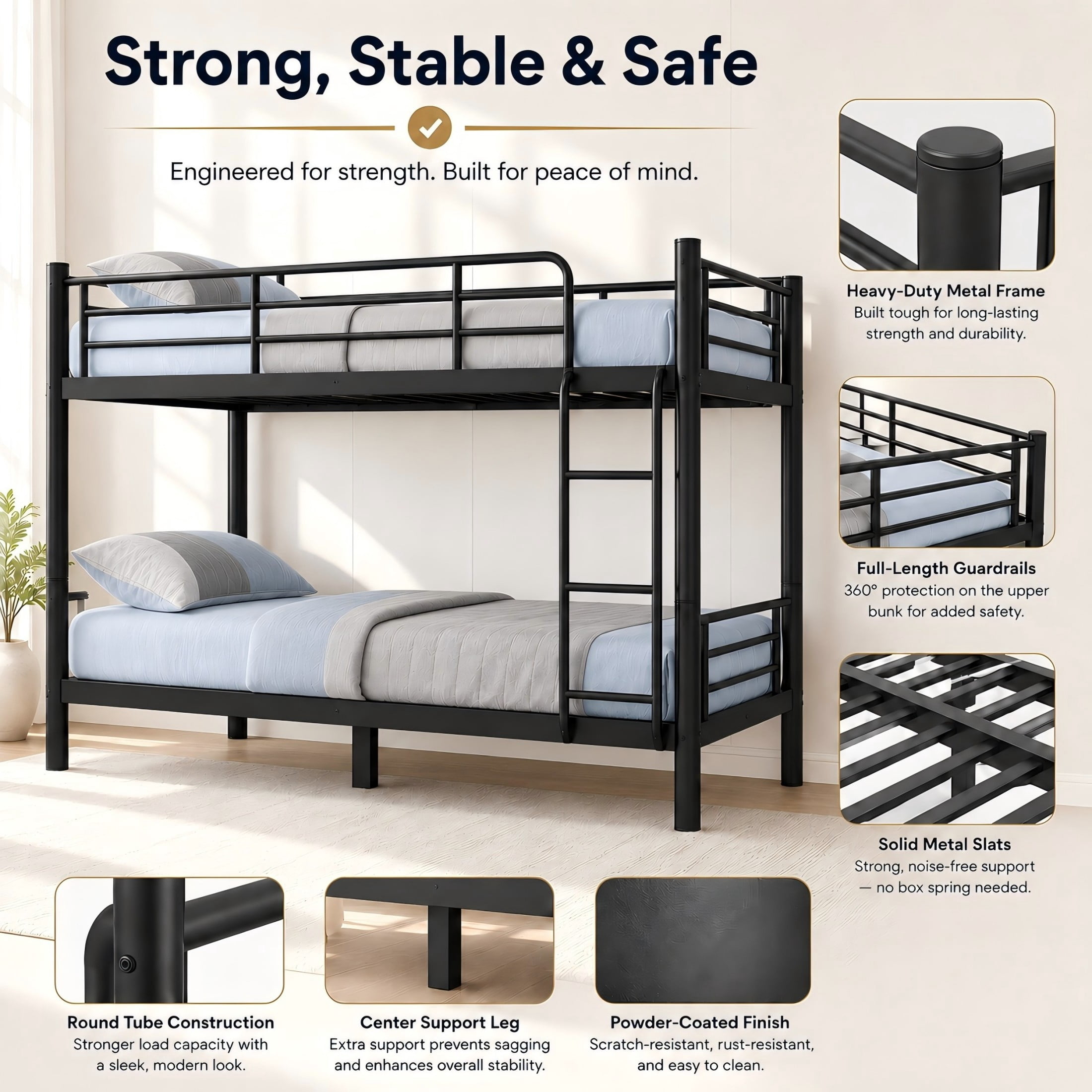 Aukfa Twin XL over Twin XL Metal Bunk Bed for Kids, Converts into Two Twin XL Beds, Round Tube Construction & Full-Length Guardrails, Black