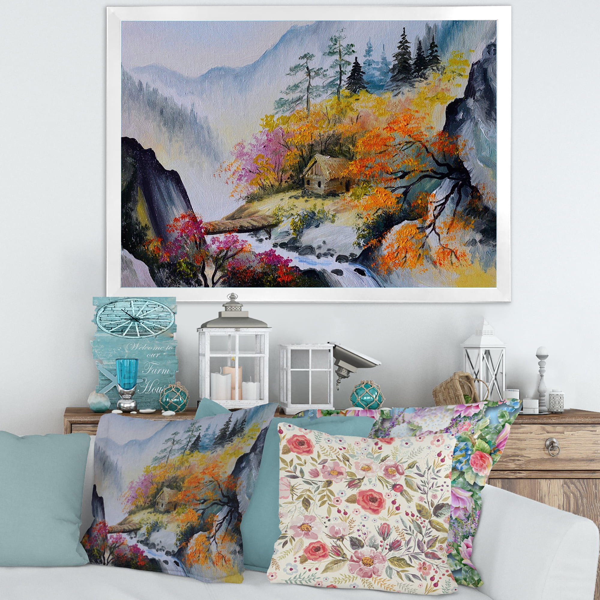 Designart 'VIbrant Mountain Landscape With Little House' Traditional Framed Art Print